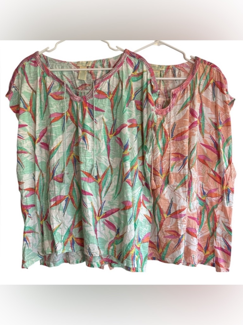 TWO! Caribbean Joe Size 2X Tropical Print Tassel Neck Tops Cotton